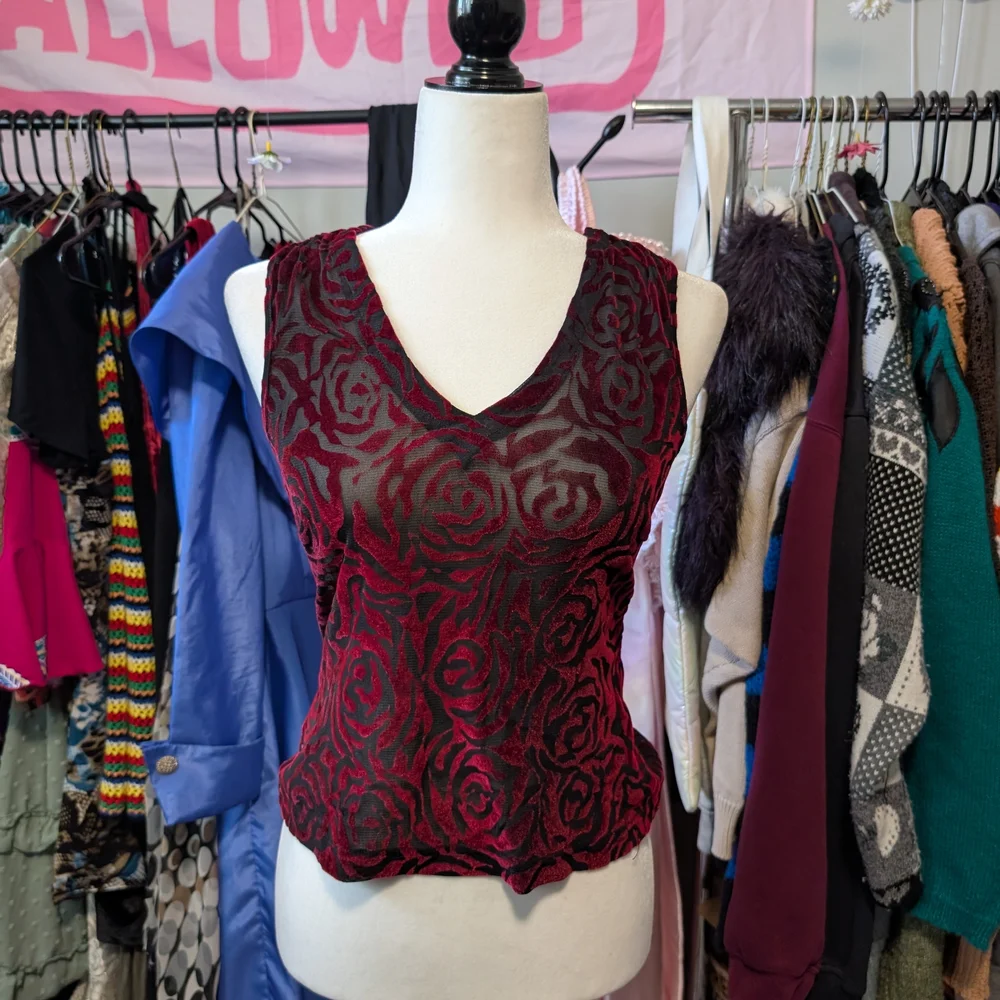 *Sold*Optionelle Red and Black Burnout Velvet Floral Top - Picture 2 of 4